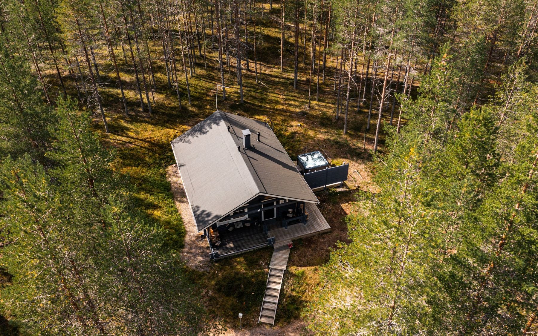 Ilmakuva Hanka-mökistä mäntymetsän keskellä