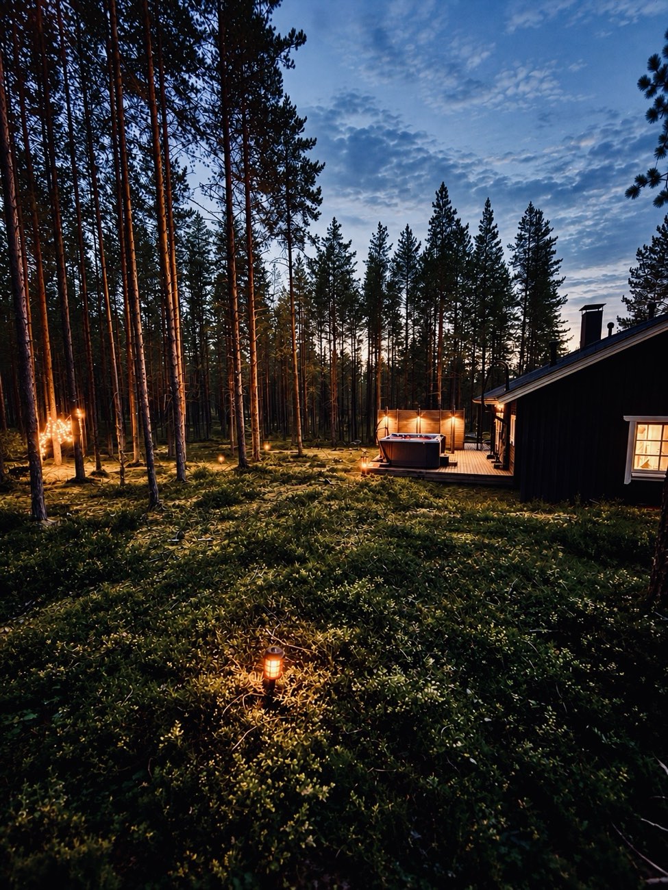 Hanka-mökin piha ja poreallas iltahämärässä